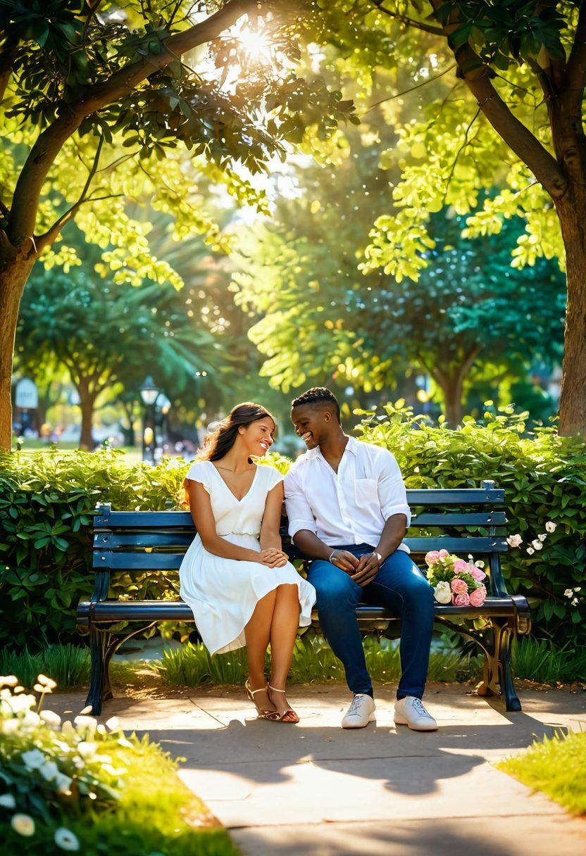 A cozy, warm scene featuring a couple sitting together on a park bench, smiling and sharing a moment of joy. Surround them with lush greenery, blooming flowers, and soft golden sunlight illuminating their faces. Include gentle hearts floating around, symbolizing love and connection. Capture the essence of intimacy and trust between them. super-realistic. vibrant colors. romantic atmosphere.