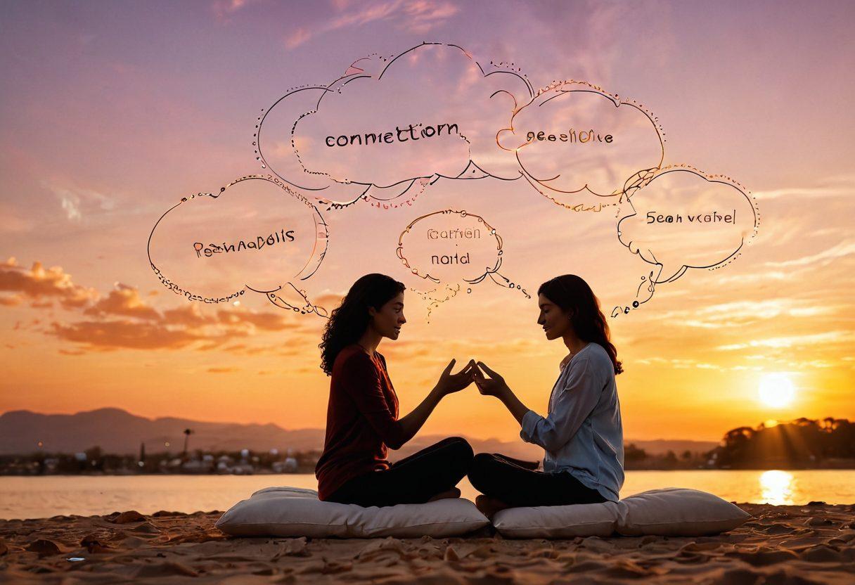 A warm, inviting scene of two people engaged in heartfelt conversation, surrounded by symbols of connection like intertwined hands and floating speech bubbles filled with positive words. The background features a soft sunset that casts a golden glow, symbolizing warmth and understanding. Include elements like a coffee cup, open book, and cozy cushions to enhance the intimate atmosphere. super-realistic. vibrant colors. warm tones.
