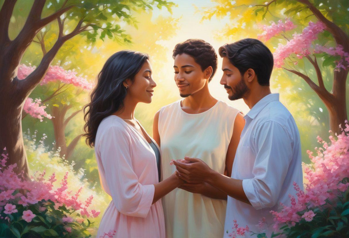 A warm, inviting scene of two diverse individuals, deep in conversation, surrounded by blooming flowers symbolizing compassion. Soft sunlight filters through the trees, highlighting their expressions of understanding and warmth. A subtle heart shape formed by the interplay of shadows and light in the background, representing love and connection. Gentle pastel colors create an emotional, soothing atmosphere. painting. vibrant colors.